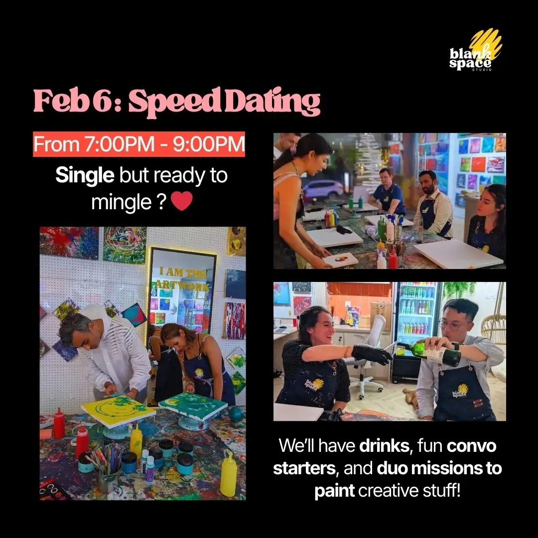 Speed Dating event poster for a Valentine week session at Blank Space Studio Saigon
