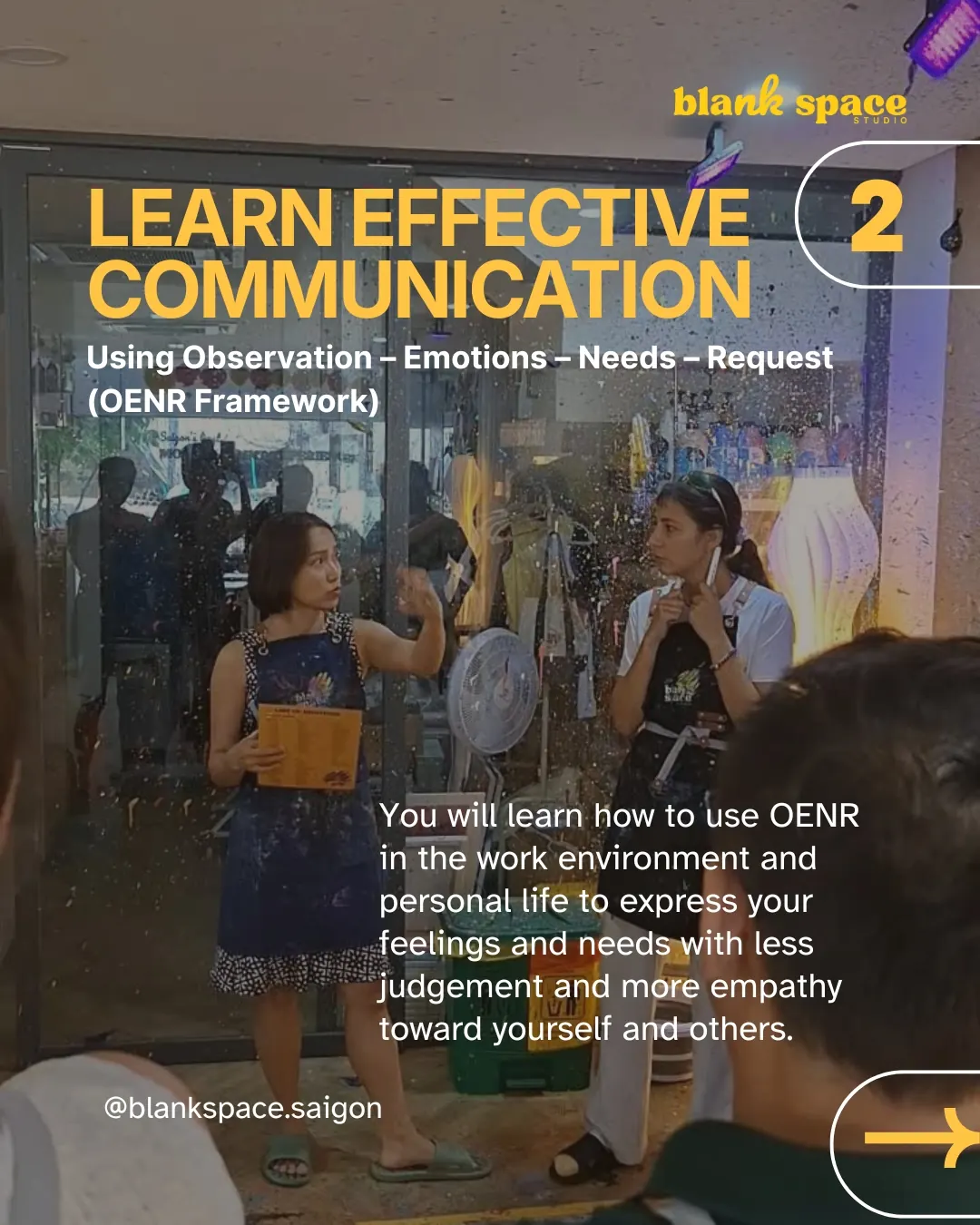 Facilitator explaining the OENR communication framework during EQ workshop in Ho Chi Minh City
