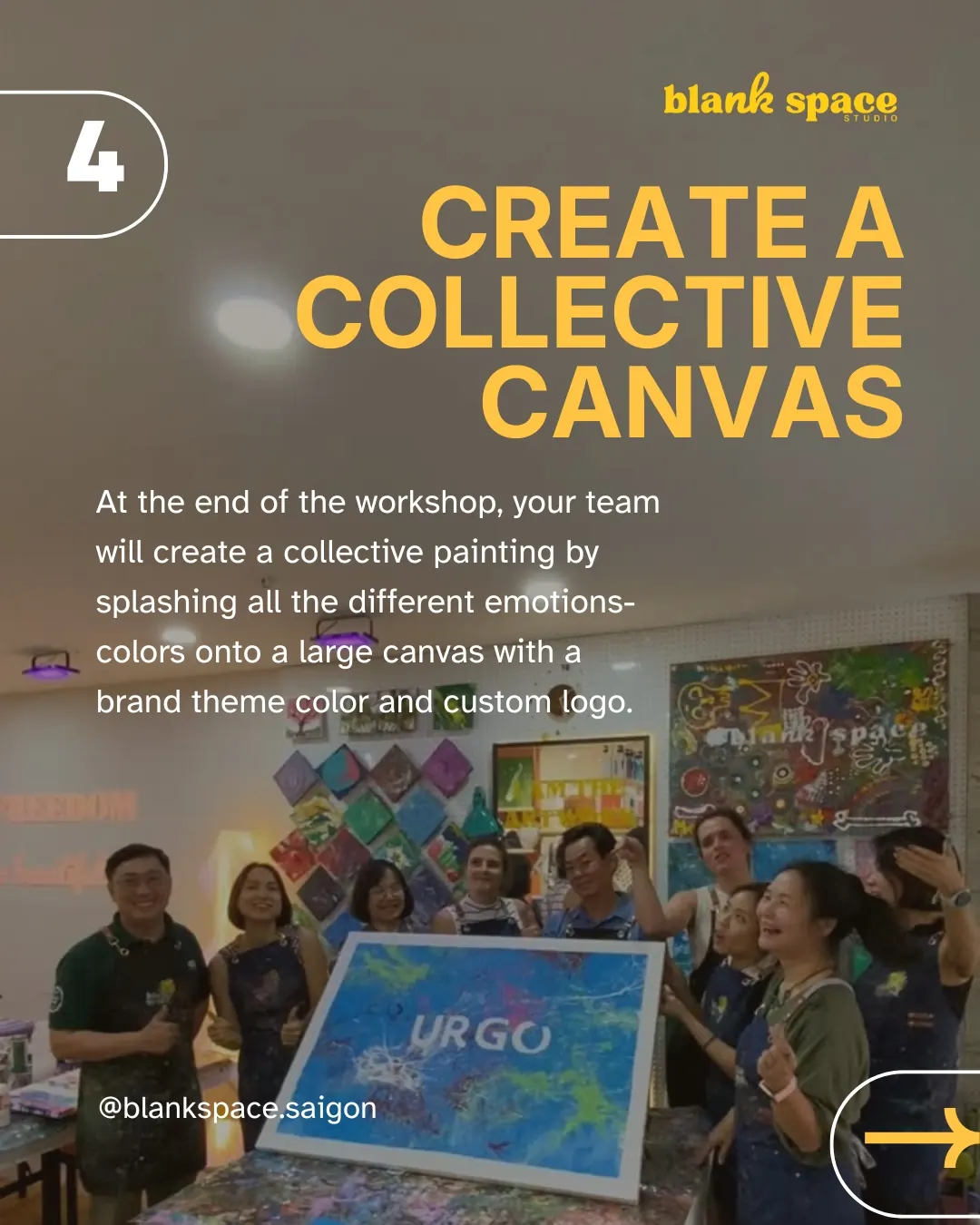 Team creating a collective canvas with company branding at Blank Space Studio Saigon