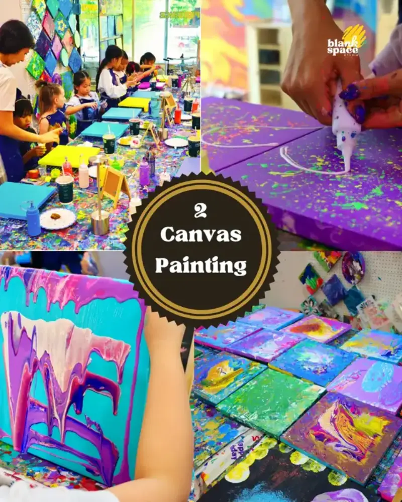 Các bé đổ sơn lên canvas riêng trong tiệc sinh nhật tại Blank Space Studio Saigon