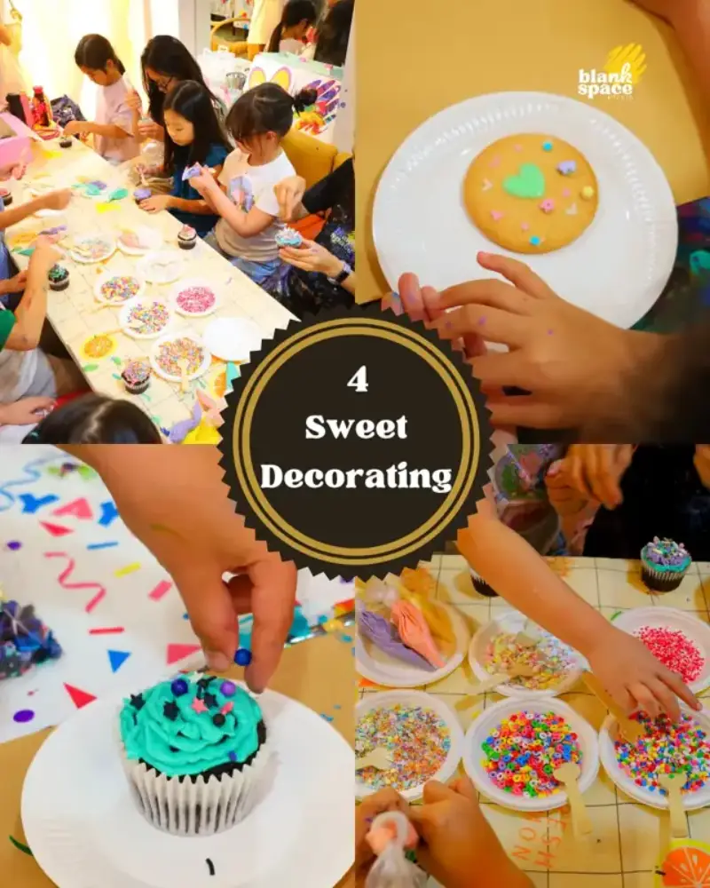 Các bé trang trí bánh cupcake với kem và cốm trong tiệc sinh nhật tại Blank Space Studio Saigon