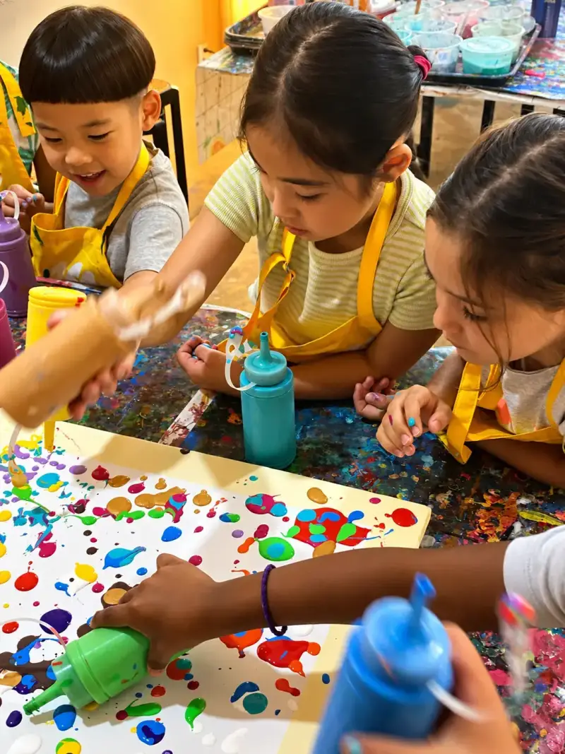 Kids squeezing paint onto a shared canvas at holiday art camp