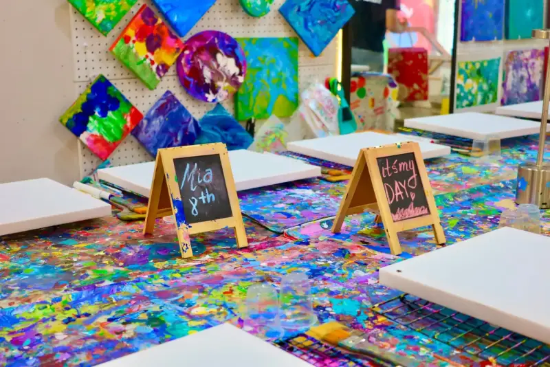 Name and birthday chalkboard signs set on the studio table for a private event